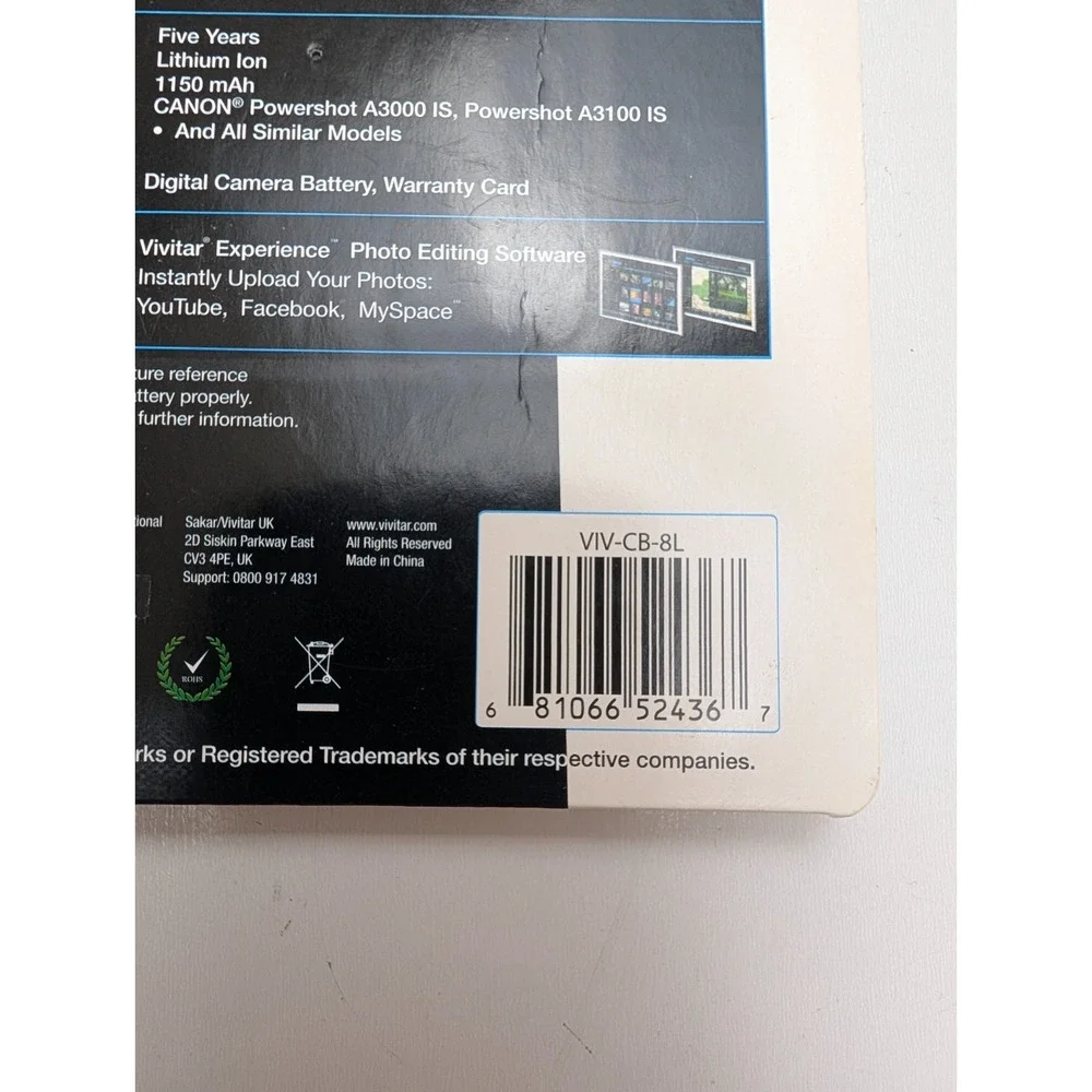 VIVITAR DIGITAL CAMERA BATTERY FOR CANON NB-8L NB8L NEW SEALED